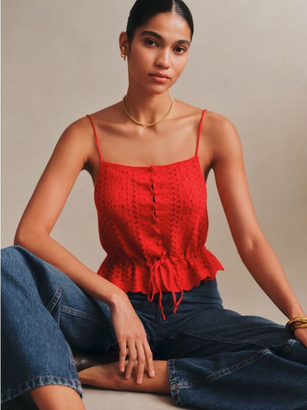 Sezane Alicia Top Red Crochet Knit Drawstring Tank Resort Coastal